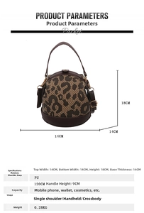Detailed view of leopard print bucket bag with PU leather straps and size dimensions