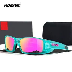 Occhiali da sole sportivi KDEAM con montatura blu, lenti specchiate rosa e accessori set