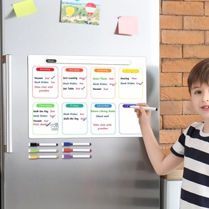 Kid writing on a magnetic weekly planner on fridge with colorful markers set