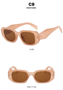 Detailed views of geometric octagonal sunglasses with peach frames and brown lenses
