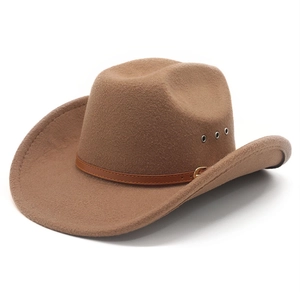 Detail of camel wool cowboy hat featuring bronze eyelets and brown leather trim strap