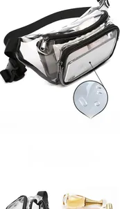 Close-up of waterproof transparent PVC sport waist bag with black zippers and compartments