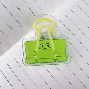 Detailansicht der grünen Acryl-Büroklammer mit traurigem Emoji auf Punktrasterpapier