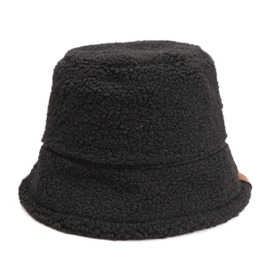 Women's warm black faux fur bucket hat with minimalist design and leather accent