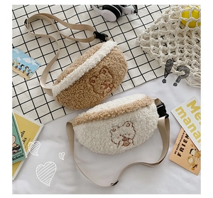 Flat lay of cute plush cross-body waist bags with bear patterns in white and khaki colors