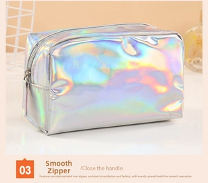 Detailed view of the iridescent makeup bag showing high-quality smooth metal zipper