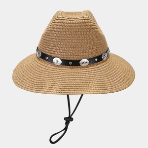 Straw sun hat for women with black leather band, metal studs, and adjustable chin strap
