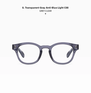 Detail view of transparent grey retro round glasses frame with anti-blue light lenses