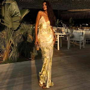 Elegant gold printed backless satin maxi dress with thin straps for women