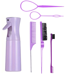 Detailed flat lay of 6-piece purple hair styling kit including spray bottle and combs