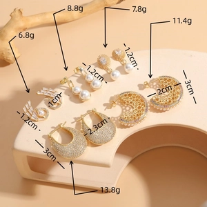 5-pair gold pearl and zircon earring set featuring geometric luxury designs and dimensions