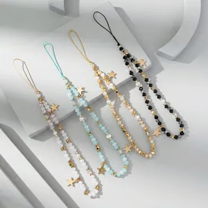 Colorful Beaded Phone Lanyard Glass Acrylic Beads Alloy Star Charms Mobile Phone Strap Fresh Sweet Style
