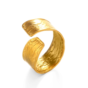 Minimalist gold-tone wide crossover ring featuring a textured hammered finish for women