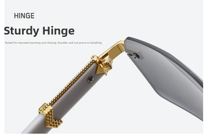 Close-up of durable golden metal hinge and sleek white temples on rimless sunglasses