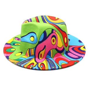 Macro detail of the vibrant abstract graffiti pattern on a wool felt fedora hat