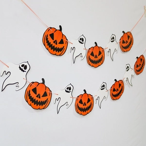 Halloween decorative banner with orange pumpkin and white ghost patterns for festive party