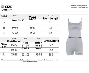 Size chart detail for square neck shorts set with measurements in cm for sizes S to L