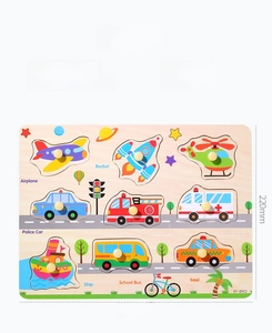 Detailed view of wooden vehicle puzzle board with dimensions 30x22x0.5cm and material specs