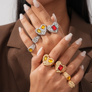 Vintage Resin Heart Geometric Open Rings For Women Gold Silver Plated Irregular Hammered Texture Fashion Finger Jewelry