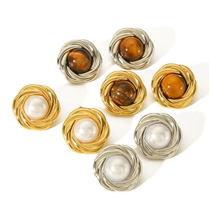 Vintage amber and pearl stud earrings with woven metal twisted frames in gold and silver