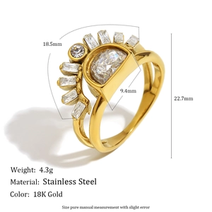 18K gold plated stainless steel sun ring with zircon stones and dimensions markers