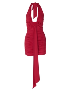Robe courte rouge dos nu avec décolleté en V profond et détails de taille plissés