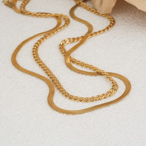 Classic double layered 18K gold plated stainless steel snake and curb chain necklace