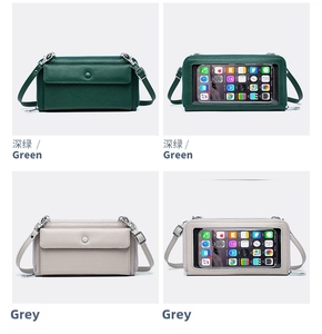Detail of touch screen window on crossbody phone bag for direct smartphone operation