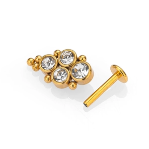 316L stainless steel gold labret stud with four sparkling zircons in a diamond shape