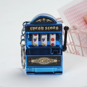 Creative blue metal mini slot machine keychain with rotating lucky jackpot wheels