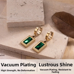Detailed close-up of retro gold-plated earrings with rectangle emerald-cut green gems