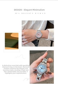 Detail of luxury women's watch with rhinestone bezel and silver metal link strap