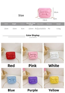 Size guide for girls' bow shoulder bag showing dimensions 13x10x6cm and multiple colors