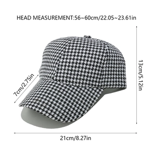 Detailed measurement guide for houndstooth baseball cap with brim and crown dimensions