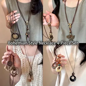 Collier Pendentif Long Bohème Vintage Avec Perles En Bois Alliage Fleur Gland Bijoux De Style Ethnique Pour Femmes