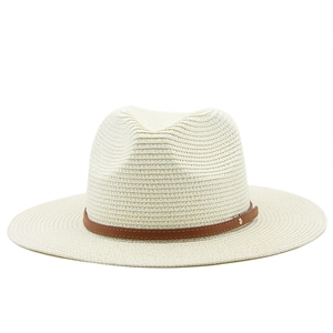 Breathable off-white Panama straw hat with a brown leather band and gold metal rivet