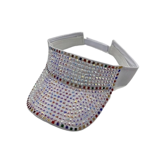 White sun visor hat for women with colorful AB rhinestones and adjustable strap