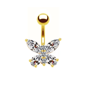 Detail of a golden butterfly navel ring with marquise and round cubic zirconia stones