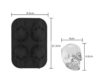 Detailed dimensions of 4-cavity black silicone skull ice mold showing specific sizing