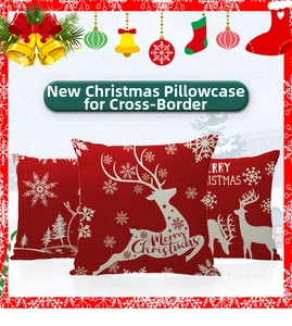 Detailed view of red Christmas linen pillowcases with white reindeer and snowflake prints