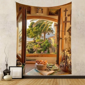 Artistic studio window view tapestry detail with warm sunlight and palm trees
