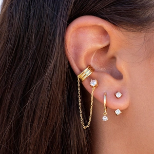 Elegant gold-tone long tassel chain ear cuffs and cubic zirconia stud earring set