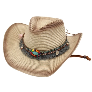 Vintage woven western cowboy straw hat with colorful beads, tassels and turquoise detail