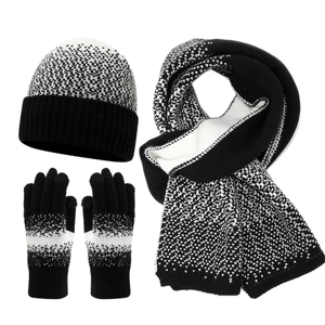 Winter 3-piece set with knitted hat, scarf, and touchscreen gloves in black-white pattern
