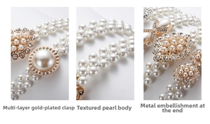 Detail of white pearl belt with gold-plated buckle and rhinestone inlay for dresses