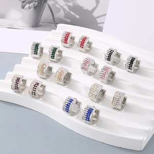 Minimalist stainless steel huggie earrings set with multi-color crystal pavé settings
