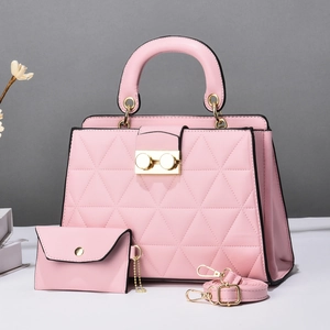 Pink quilted fashion handbag set with matching small pouch and detachable shoulder strap