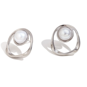 Vintage irregular silver round hollow earrings with faux pearl in 18K gold plating