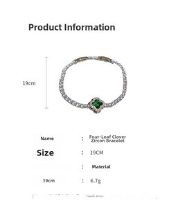 Detail showing 19cm clover zircon bracelet with green gemstone and copper chain