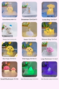 Detail showing 12 cartoon mini night lights in rabbit, swan and mushroom shapes